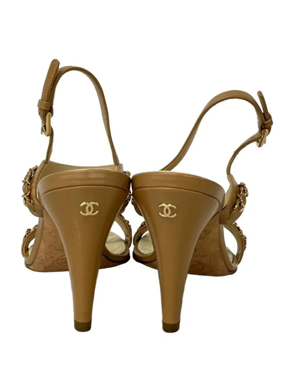 Chanel Sandals 37.5 C Light Brown Gold Chain Leather